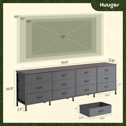 70-Inch Dark Grey Dresser and TV Stand for 65-80 Inch TVs, 12-Drawer Storage Organizer Unit for Bedroom and Living Room