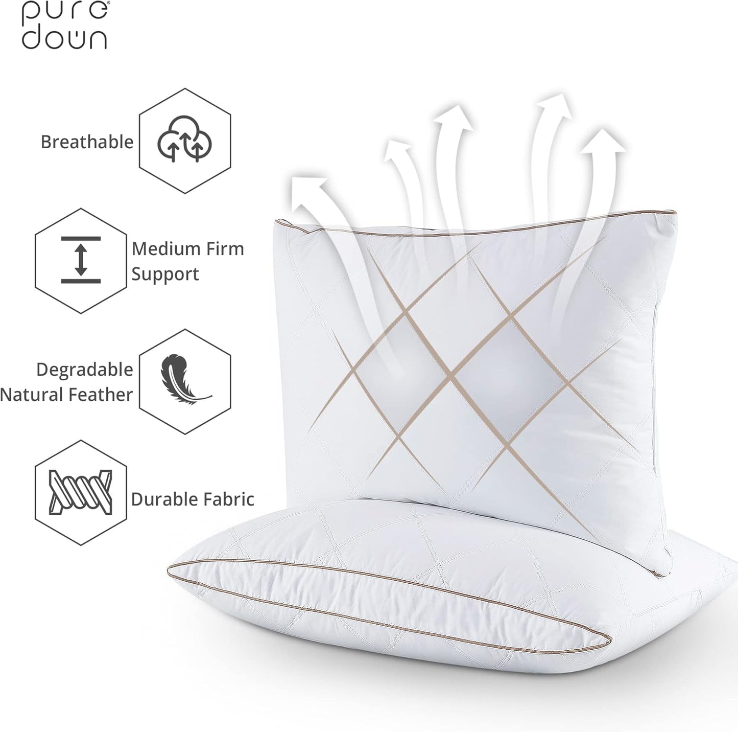 ® Natural Goose down Feather Pillows for Sleeping Oval Gusseted Feather down Pillow 100% Cotton Pillow Cover with Leaf Quilting King Set of 2