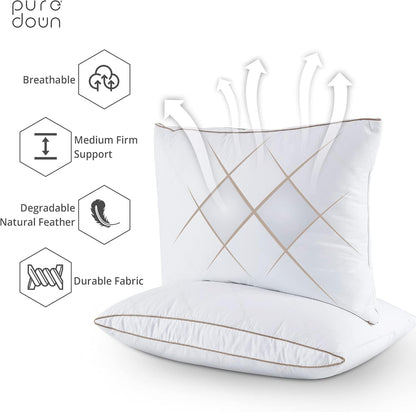® Natural Goose down Feather Pillows for Sleeping Oval Gusseted Feather down Pillow 100% Cotton Pillow Cover with Leaf Quilting King Set of 2