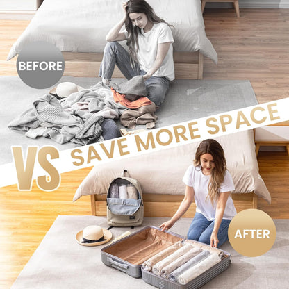 12 Pack Travel Compression Bags, Roll up Space Saver Bags (6 Large+6 Medium), No Vacuum Needed Reusable Packing for Luggage, Suitcase, Backpack, Travel Essentials, Clear