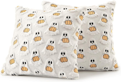 Halloween Pillow Covers Decorative Fall Cute Ghost Plush Faux Fur Pillows 18X18 Inch Set of 2 Soft Pumpkin Accents for Sofa Couch Bed Living Room Festive Home Decor, White Orange