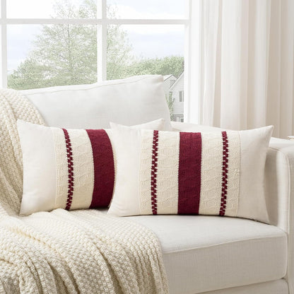 Set of 1 Burgundy Boho Long Lumbar Decorative Throw Pillow Cover 12X20 Inch for Couch Bed Sofa, Aesthetic Modern Farmhouse Christmas Room Decor, Soft Cotton Cute Wind Red Cushion Case