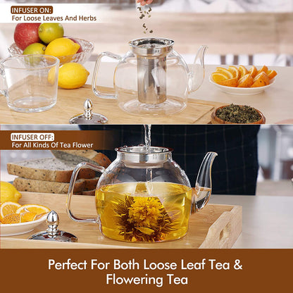 1000Ml Glass Teapot with Removable Infuser, Stovetop Safe Tea Kettle, Blooming and Loose Leaf Tea Maker Set