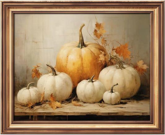 White Pumpkins Print, Vintage Pumpkin Painting, Vintage Pumpkins Still Life, Halloween Autumn Decor Thanksgiving Wall Art, Neutral Fall Print, Unframed (Fall, 8 X 10 Inches)