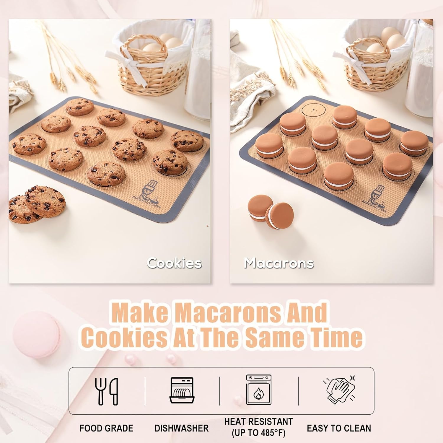 Silicone Baking Mat Macaron - Set of 3 (2 Half Sheet Liners and 1 Quarter Sheet), Non Stick Silicon Cookie Oven Liner for Macaroons, Bake Pans, Pizza, Toaster, Cake and Bread Making (Red,Blue,Gray)