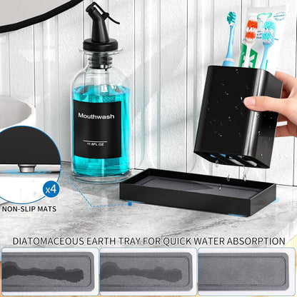 Bathroom Glass Mouthwash Dispenser with Cup,Black Toothbrush Holder Set Stainless Steel with 11.8OZ Clear Nozzle Mouth Wash Dispenser Diatomite Tray，Decor Accessories