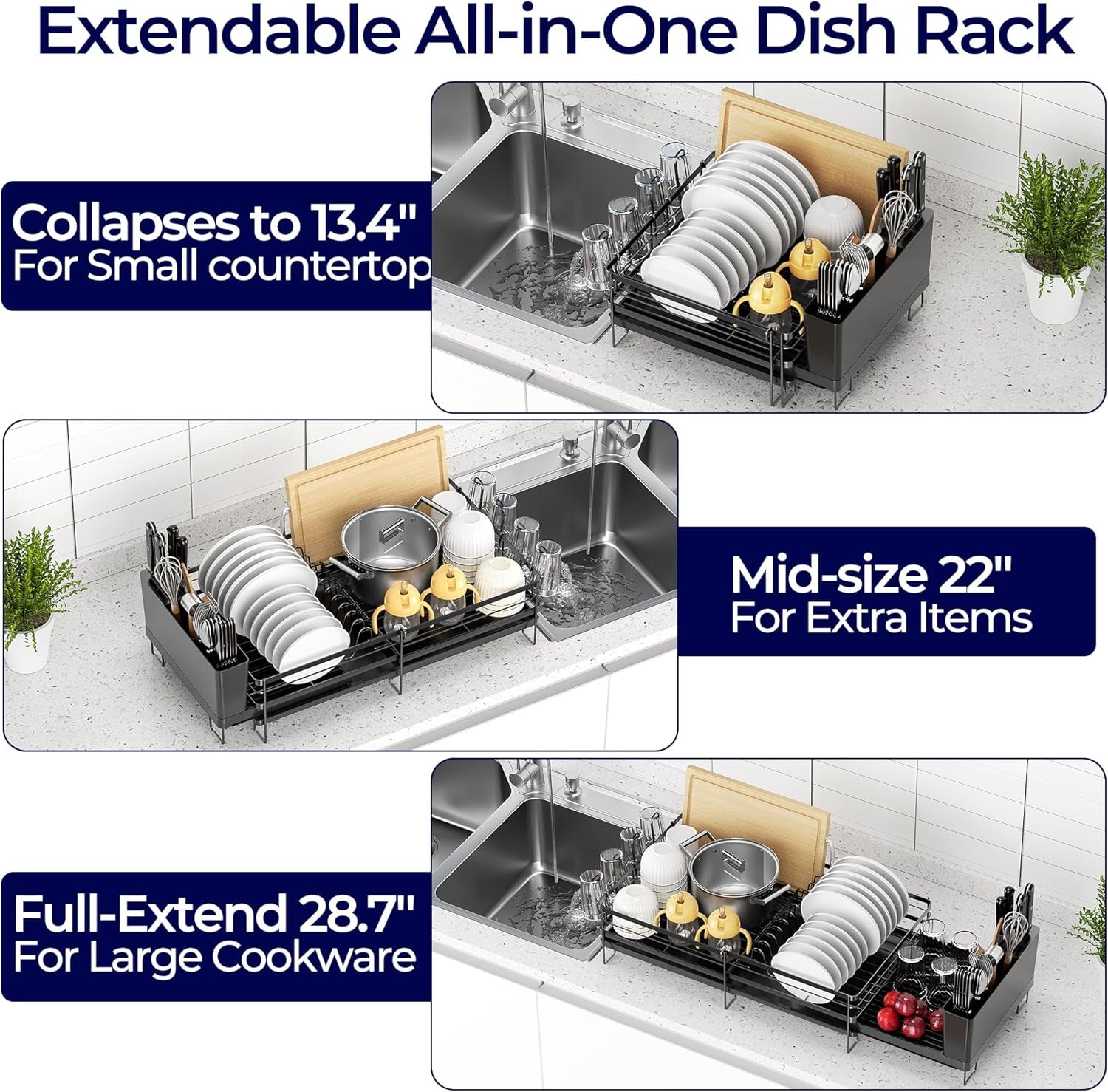 Large Dish Drying Rack - Extendable Dish Rack for Kitchen Counter, Multifunctional Dish Drainer with Drainboard Set, Dishrack with Utensil Holder & Cup Holder, 13.4"-28.7" L X 11.8" W, Black