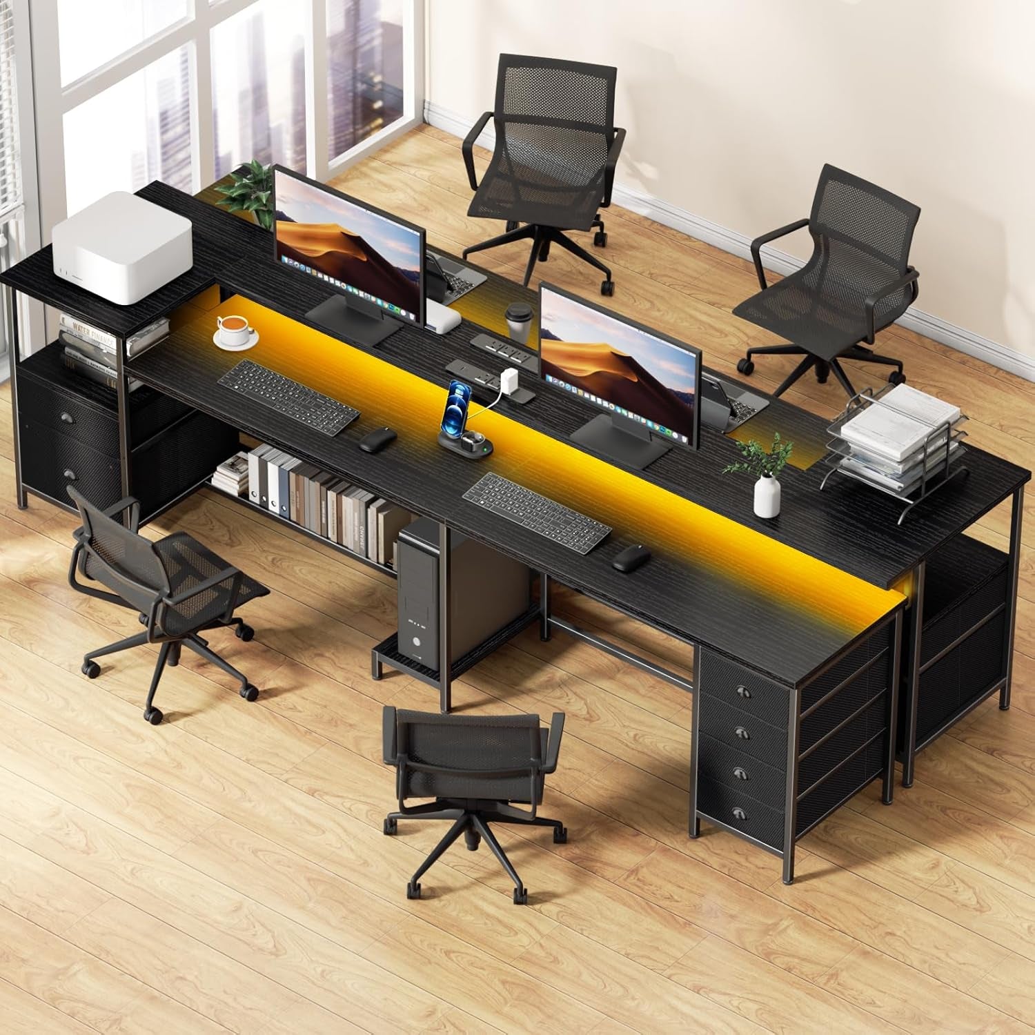 110 Inch 2 Person Desk, Long Two Person Gaming Desk with 6 Drawers & Storage Shelves, 66 Inch L-Shaped Desk with Power Outlets, LED Lights, Corner Table for Home Office, Black
