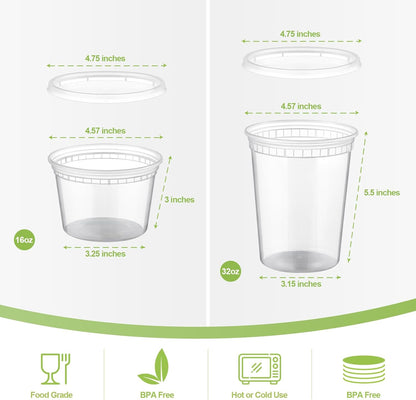 20 Sets Plastic Deli Food Containers with Lids 16Oz, 32Oz Variety Pack, Airtight Food Storage Containers, Freezer/Dishwasher/Microwave Safe, Soup Containers for Takeout Meal Prep Storage