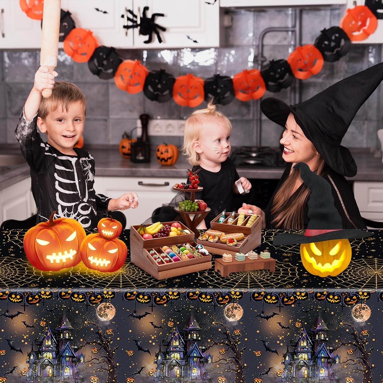 3 Packs Black Halloween Tablecloth 54 X 108 Inches Scary Castle Ghost Pumpkin Table Cloth Disposable Waterproof Plastic Bat Gold Spider Web Table Cover Trick or Treat for Halloween Party Dining
