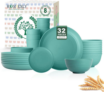 Wheat Straw 32-Piece Dinnerware Set for 8 - Durable and Lightweight Plates and Bowls for Camping, Outdoor Adventures, and RV Use, Microwave and Dishwasher Safe - Green
