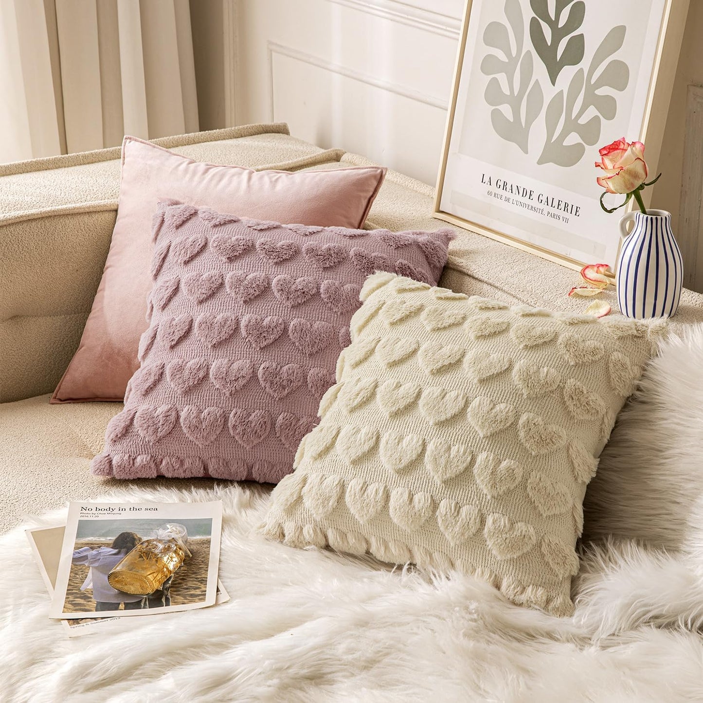 Set of 2 Beige Mothers Day Valentines Pillow Covers Heart Love Decorative Cute Throw Pillows 18X18 Inch Soft Plush Faux Wool Farmhouse for Spring Sofa Livingroom Bed