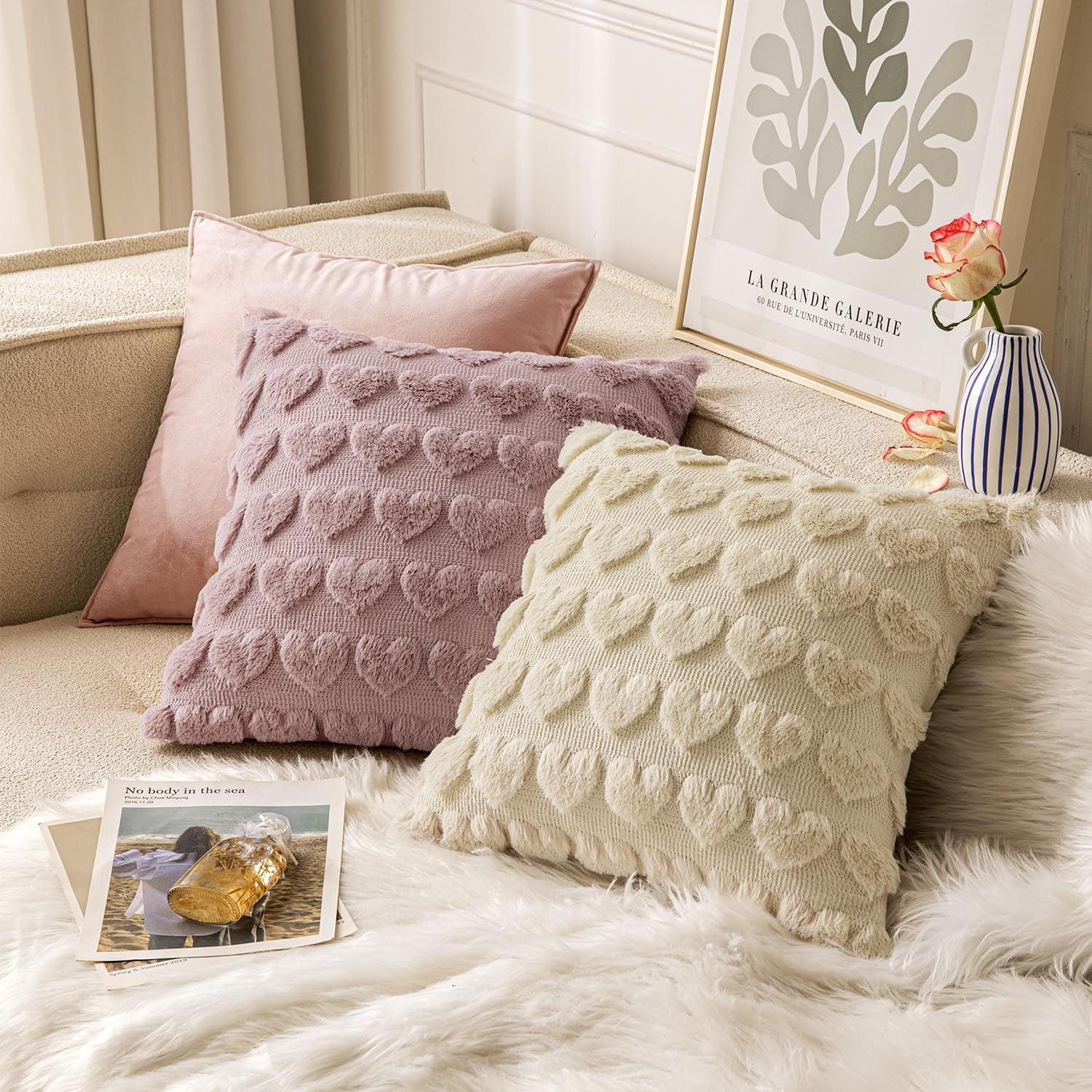 Set of 2 Beige Mothers Day Valentines Pillow Covers Heart Love Decorative Cute Throw Pillows 18X18 Inch Soft Plush Faux Wool Farmhouse for Spring Sofa Livingroom Bed