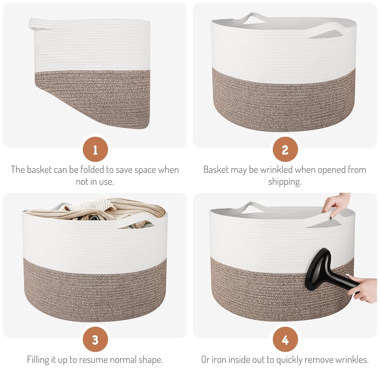 Storage Basket Large Cotton Rope Basket 21.7"X 21.7" X 13.8" with Handle Big Soft Nursery Cube Bin Laundry Hamper for Living Room(White/Brown)