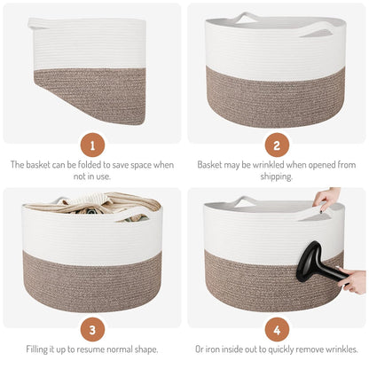 Storage Basket Large Cotton Rope Basket 21.7"X 21.7" X 13.8" with Handle Big Soft Nursery Cube Bin Laundry Hamper for Living Room(White/Brown)