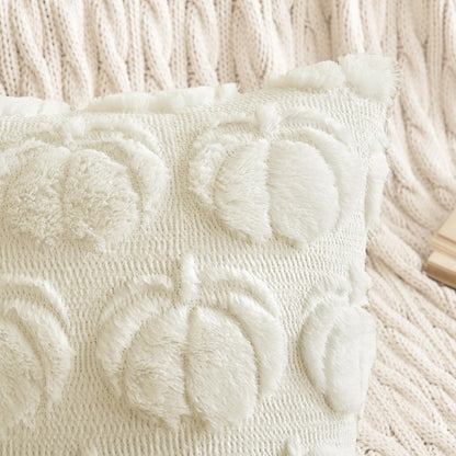 Autumn-Inspired Throw Pillow Covers 18x18 Set of 2 - Cream White Pumpkin Accent Pillowcases for Outdoor and Indoor Decor, Ideal for Sofa, Couch, Bed, and Living Room - Plush Faux Fur Halloween Farmhouse Home Accents