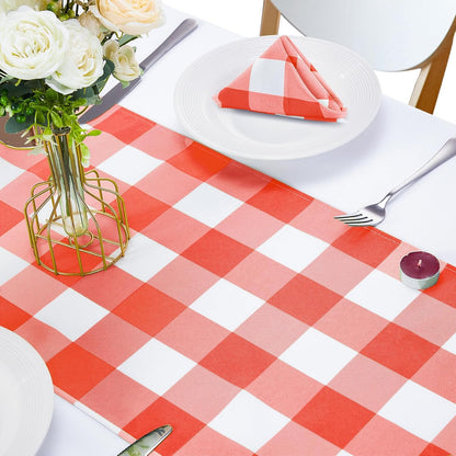 Fabric Checkered Table Runner 1 Pack Waterproof Gingham Table Runner 14W X 108L Buffalo Check Table Runners for Parties Kitchen Dining Wedding Banquet (Red and White)