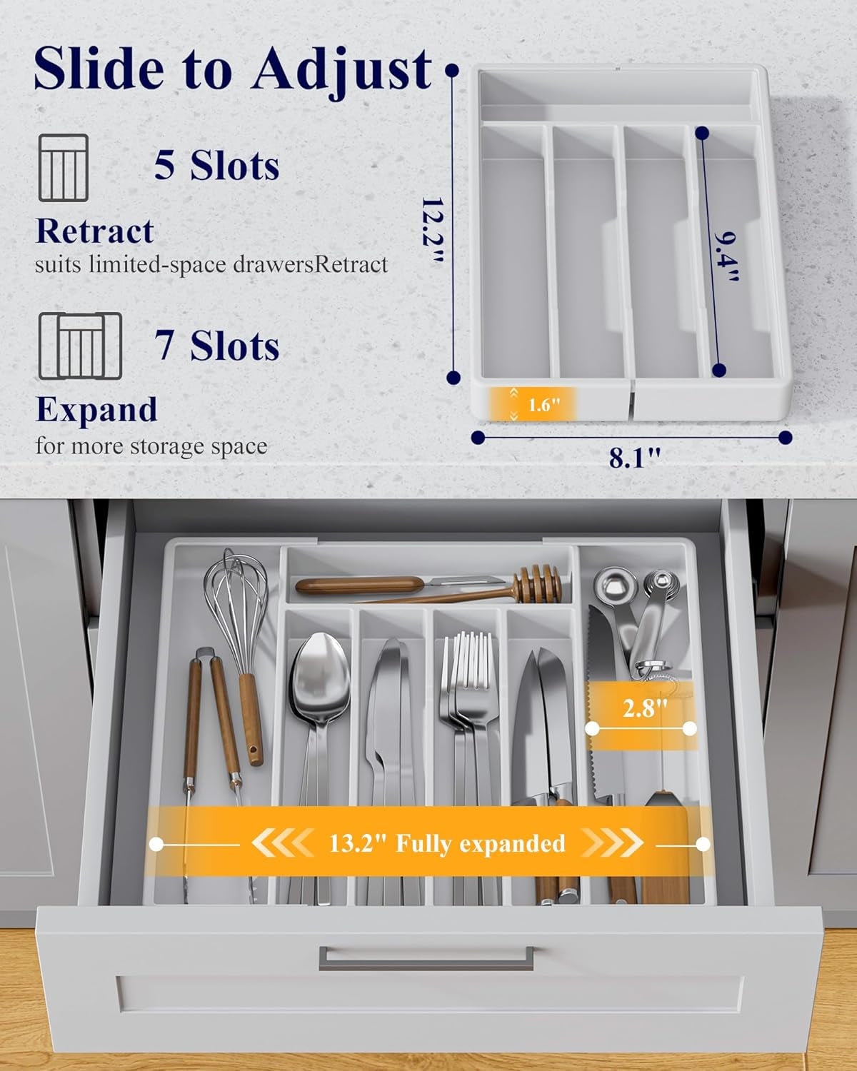Silverware Organizer for Drawers - Expandable Cutlery and Utensil Drawer Organizer with Easy Maintenance, Premium PP Kitchen Organizers and Storage for Flatware, White, 13.2" X 12.2" X 1.6"