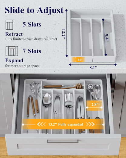 Silverware Organizer for Drawers - Expandable Cutlery and Utensil Drawer Organizer with Easy Maintenance, Premium PP Kitchen Organizers and Storage for Flatware, White, 13.2" X 12.2" X 1.6"