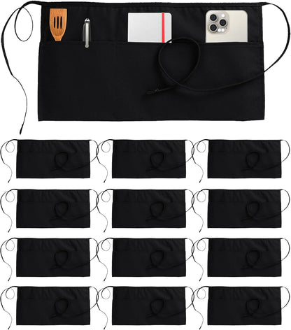 12 Pack Server Apron with 3 Pockets, Waist Apron for Waiter Waitress, 12 Inches