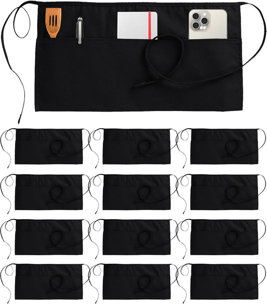 12 Pack Server Apron with 3 Pockets, Waist Apron for Waiter Waitress, 12 Inches