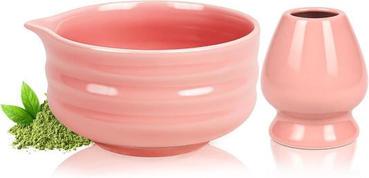 17Oz Pink Matcha Bowl with Spout,2Pcs Ceramic Chasen Stand and Mixing Bowls Set,Japanese Style Handmade Green Tea Cute Chawan,Gifts for Matcha Lovers and Novices（500Ml）