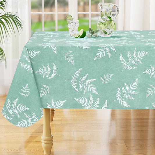 Rectangle Waterproof Vinyl Table Cloth, Wipeable Tablecloth with Flannel Backing, Plastic Table Cover for Dinner, Picnic, Indoor and Outdoor (Light Green Leaves, 60" X 84")