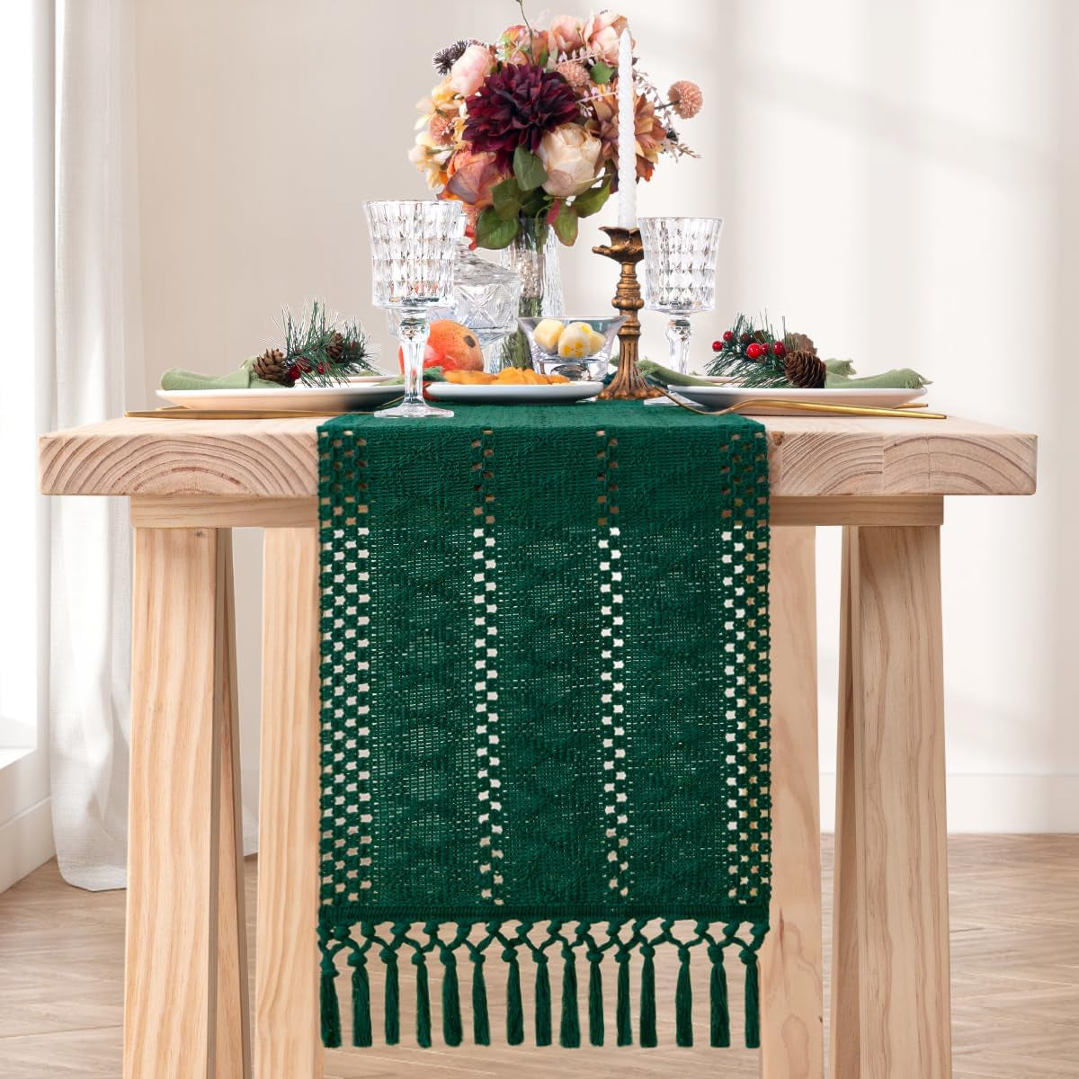 Macrame Table Runner 12 X 36 Inches Boho Farmhouse Table Runner with Tassels Cotton Linen Woven Table Runner for Spring Dining Table Home Decor, Emerald Green