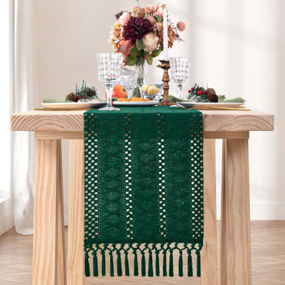 Macrame Table Runner 12 X 36 Inches Boho Farmhouse Table Runner with Tassels Cotton Linen Woven Table Runner for Spring Dining Table Home Decor, Emerald Green