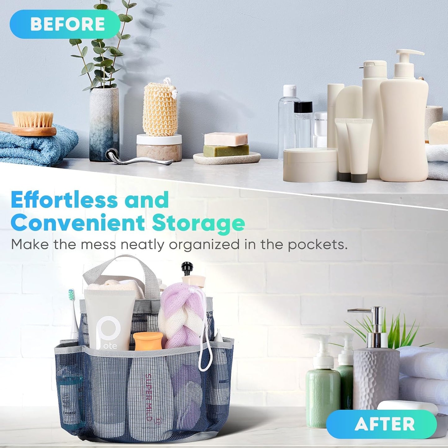 2 Pack Mesh Shower Caddy Portable for College Dorm Room Essentials, Shower Caddy Dorm with 8-Pocket Large Capacity,Shower Bag for Beach,Swimming,Gym