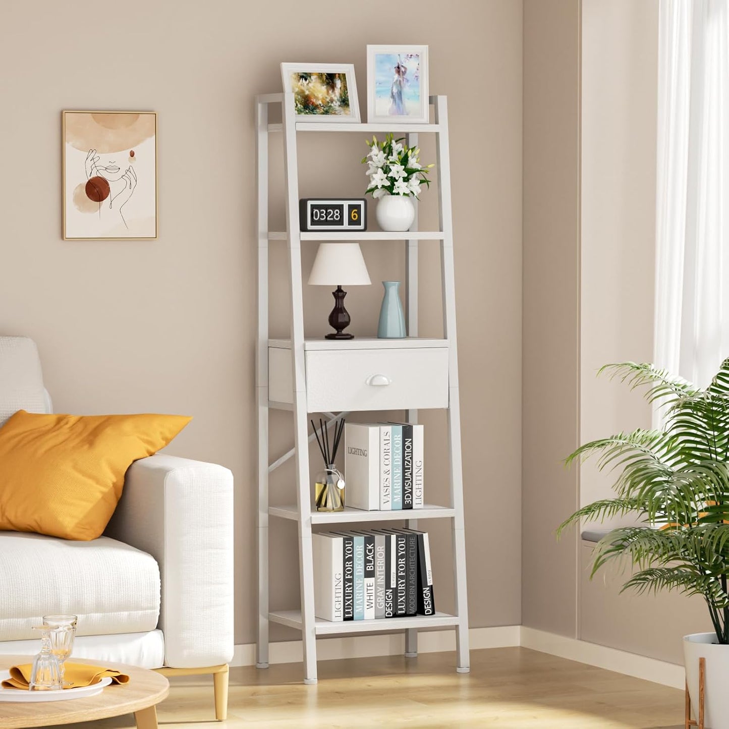 5 Tier Bookshelf, Ladder Shelf with Drawer, Tall and Narrow Bookcase, Storage Shelves Organizer,Industrial Display Standing Units for Bathroom,Kitchen,Bedroom,Living Room,White