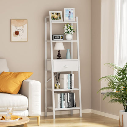5 Tier Bookshelf, Ladder Shelf with Drawer, Tall and Narrow Bookcase, Storage Shelves Organizer,Industrial Display Standing Units for Bathroom,Kitchen,Bedroom,Living Room,White