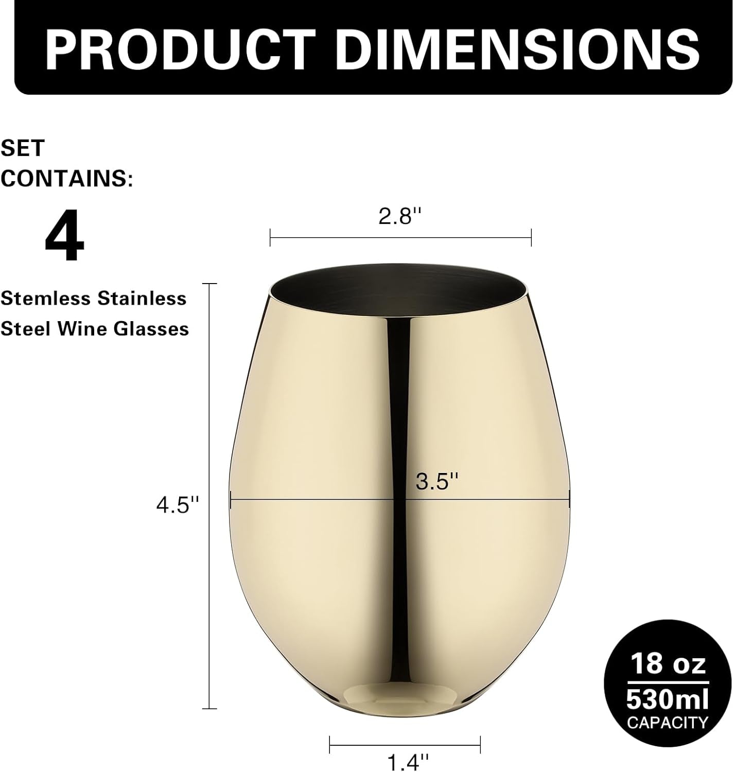 Gold Wine Glasses Set of 4, 18Oz Unbreakable Gold Goblet, Stemless Stainless Steel Wine Glass, Metal Wine Glass for Outdoor, Travel, Camping, Pool, Ideal Gift for Wine Lovers