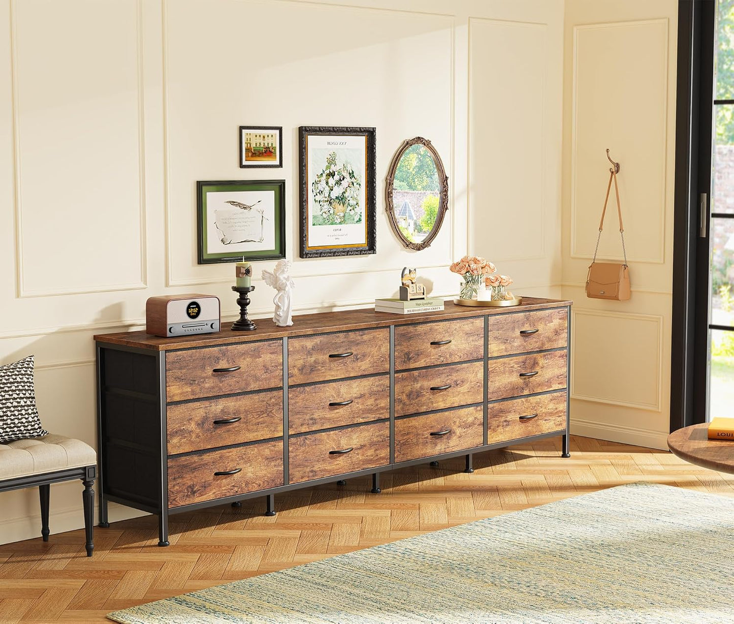 70-Inch Rustic Brown Dresser and TV Stand for 65, 75, and 80-Inch TVs, Featuring 12 Fabric Drawers and Ample Storage for Bedroom Entertainment Centers