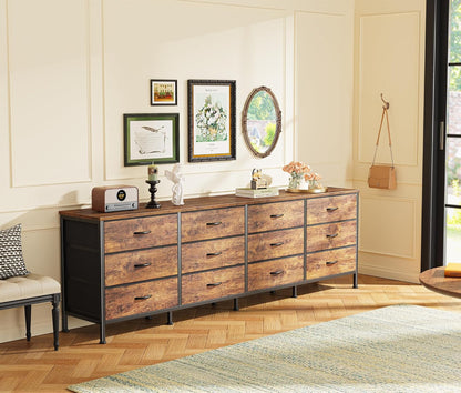 70-Inch Rustic Brown Dresser and TV Stand for 65, 75, and 80-Inch TVs, Featuring 12 Fabric Drawers and Ample Storage for Bedroom Entertainment Centers