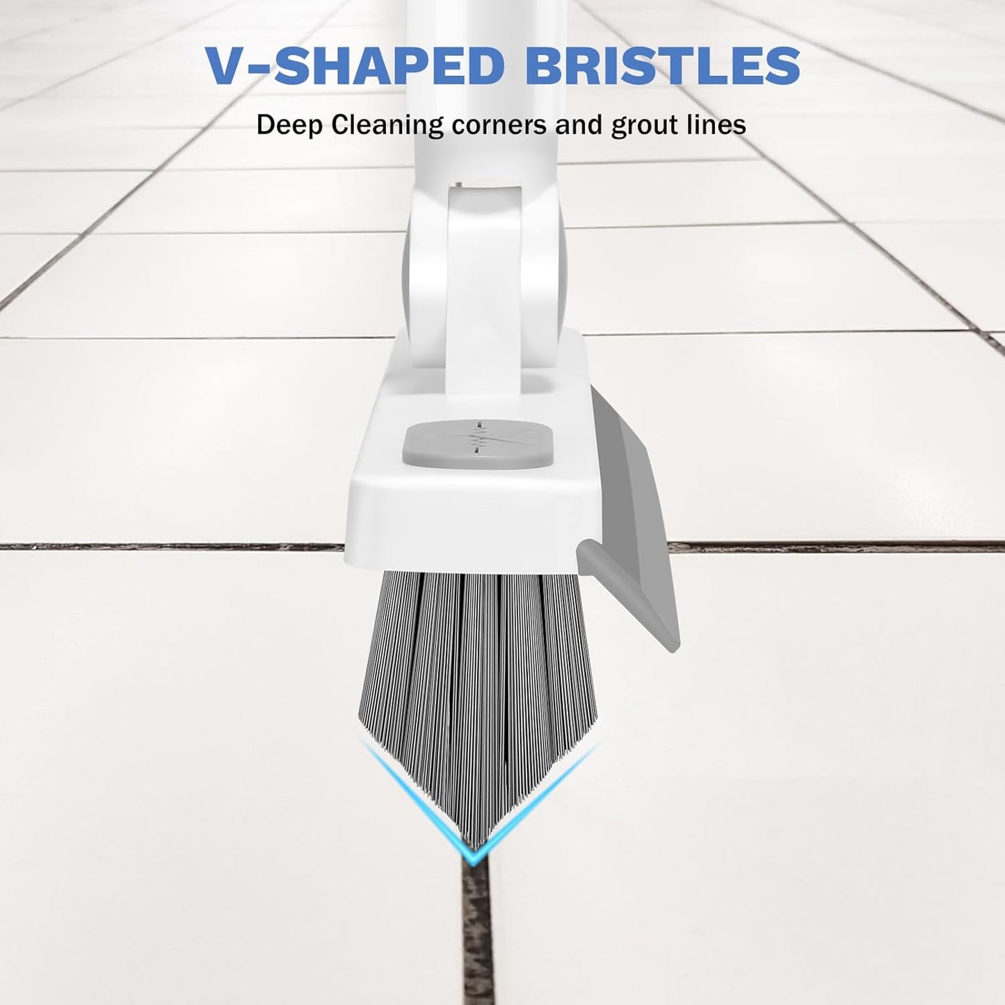 Grout Cleaner Brush with Long Handle, V-Shaped Floor Scrub Brush Swivel Grout Brush Stiff Bristle Floor Grout Scrubber for Bathroom, Tile Line, Crevice, Kitchen, Wall, Deck, Garage, White Grey