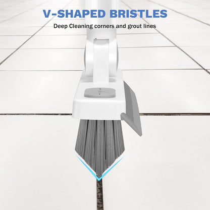 Grout Cleaner Brush with Long Handle, V-Shaped Floor Scrub Brush Swivel Grout Brush Stiff Bristle Floor Grout Scrubber for Bathroom, Tile Line, Crevice, Kitchen, Wall, Deck, Garage, White Grey
