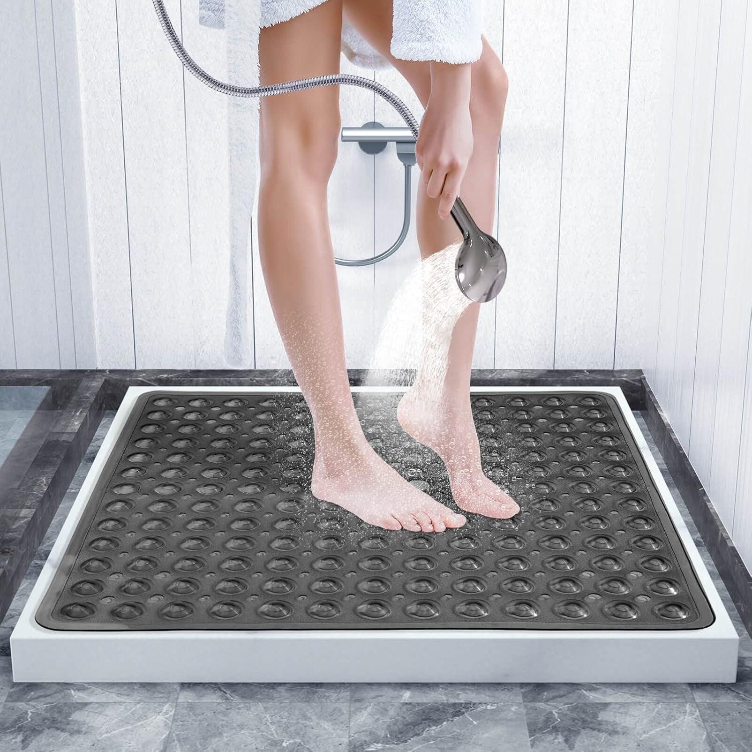 Shower Stall Mat Non Slip, 21X21 Inch, Soft Square Bath Mat for Shower with Suction Cups and Drain Holes, Stall Floor Mats for Bathroom, Machine Washable, Bathroom Accessories, Black