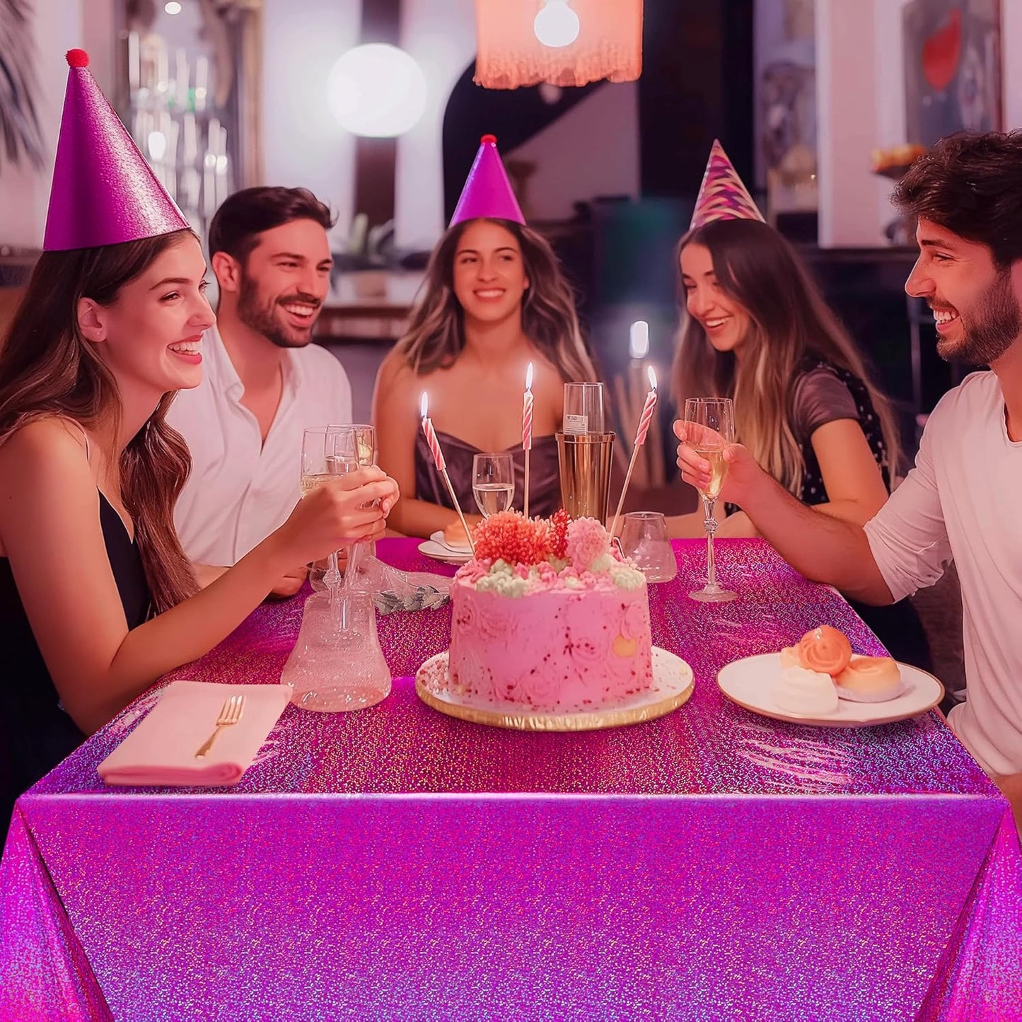 Fuchsia Holographic Foil Tablecloths - Set of 2, 54x108 Durable Table Covers with Elegant Shimmer for Parties, Weddings, and Showers