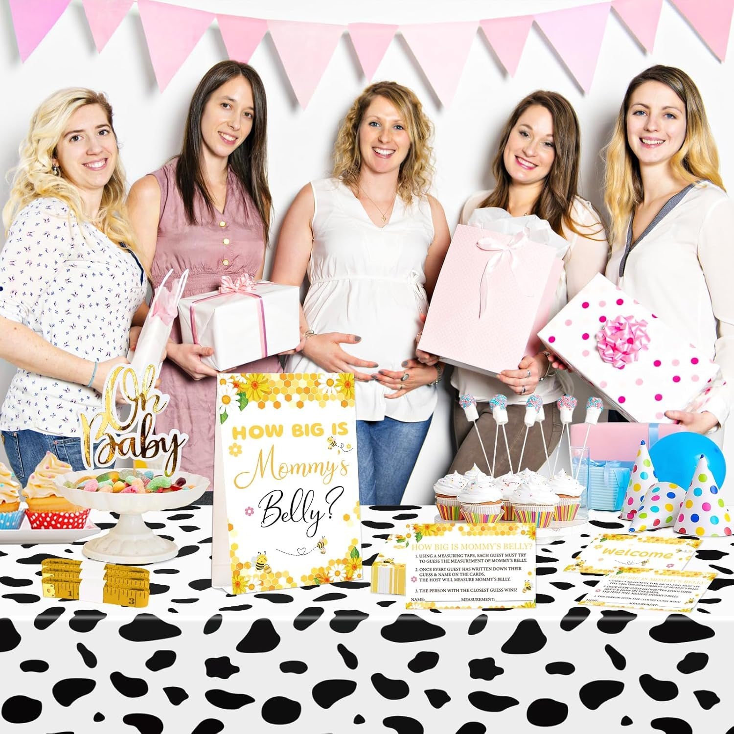 Guess Baby Shower Games Set – How Big Is Mommy'S Belly Sign, 64 Pcs Measure Bump Game with 50 Guessing Cards, 10 Pencils, and 3 Measuring Tapes for Baby Shower Gender Reveal Party (Bee Theme)
