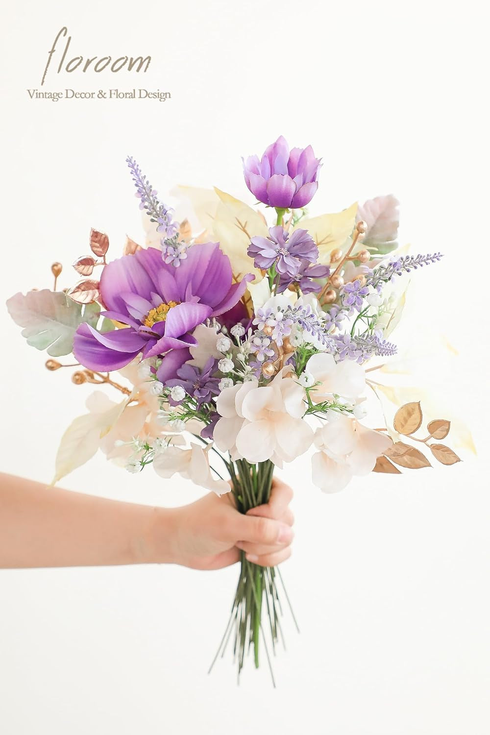 Artificial Greenery Stems Box Set - 45 Pieces of Faux Floral Picks for DIY Bridal Bouquets, Wedding Arrangements, and Table Centerpieces in Lavender and Gold