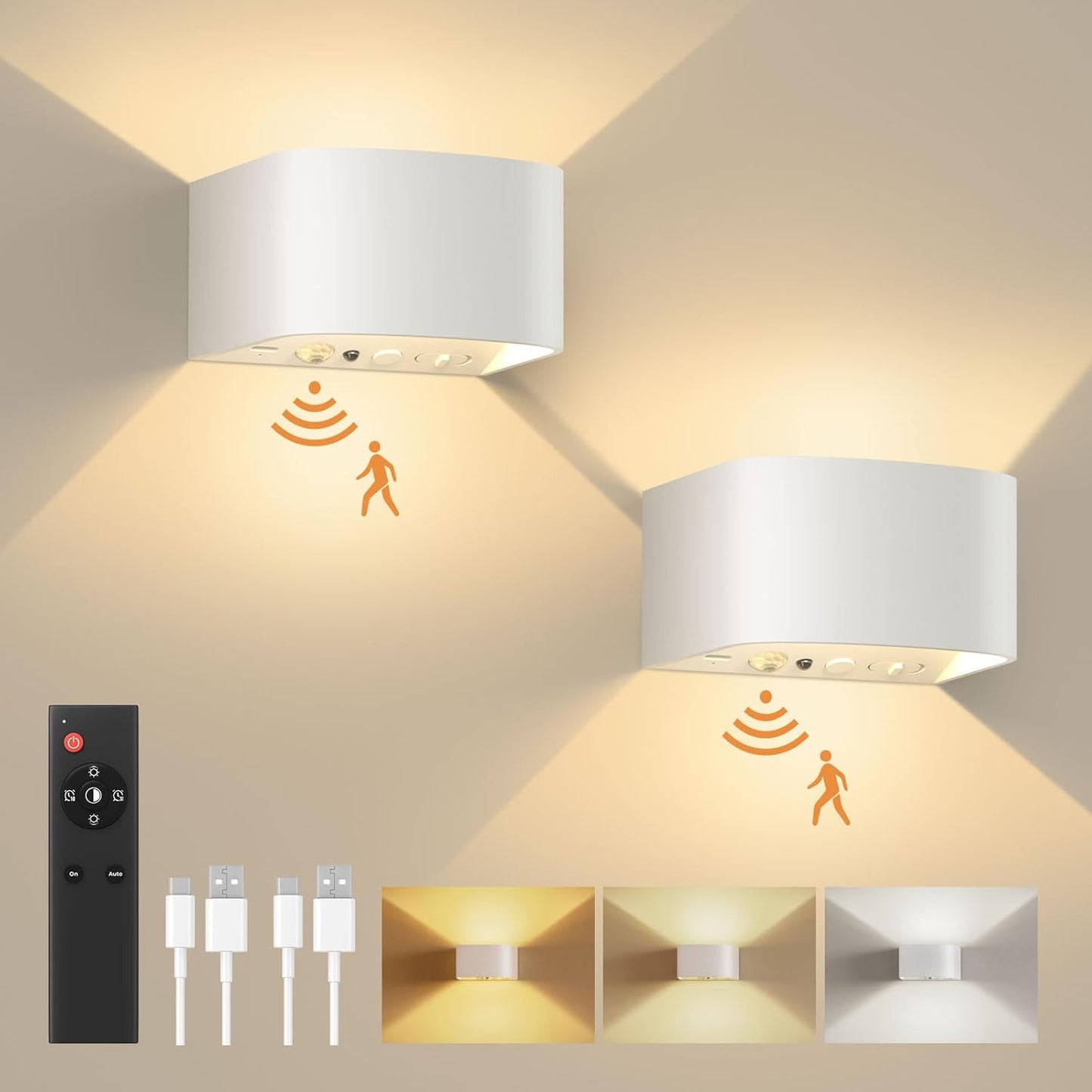 Motion Sensor Wall Light with Remote Control 3 Colors Wireless Wall Sconces LED Indoor up and down Wall Lamp 5000Mah Rechargeable Battery Powered Wall Lamps Brightness Adjustable, White 2 Pack