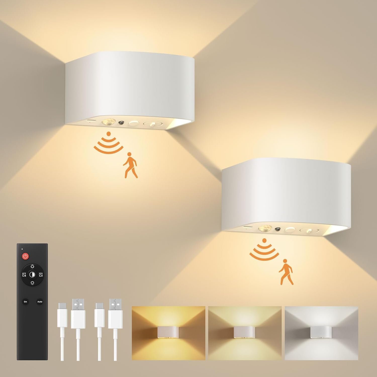 Motion Sensor Wall Light with Remote Control 3 Colors Wireless Wall Sconces LED Indoor up and down Wall Lamp 5000Mah Rechargeable Battery Powered Wall Lamps Brightness Adjustable, White 2 Pack
