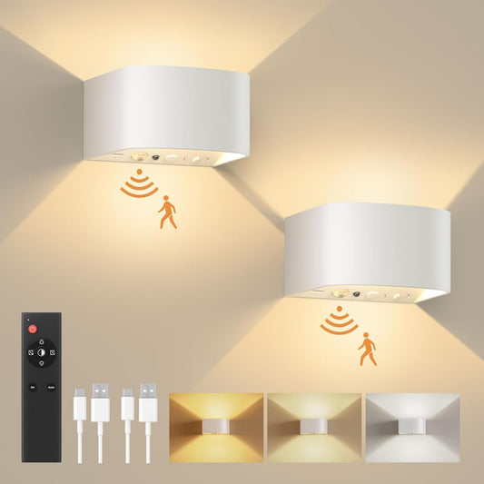 Motion Sensor Wall Light with Remote Control 3 Colors Wireless Wall Sconces LED Indoor up and down Wall Lamp 5000Mah Rechargeable Battery Powered Wall Lamps Brightness Adjustable, White 2 Pack
