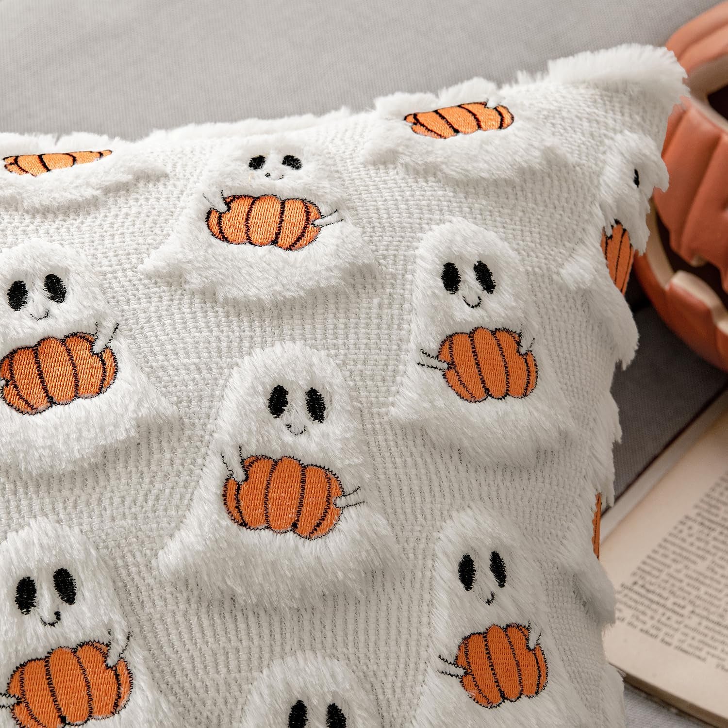 Halloween Pillow Covers Decorative Fall Cute Ghost Plush Faux Fur Pillows 18X18 Inch Set of 2 Soft Pumpkin Accents for Sofa Couch Bed Living Room Festive Home Decor, White Bright Orange