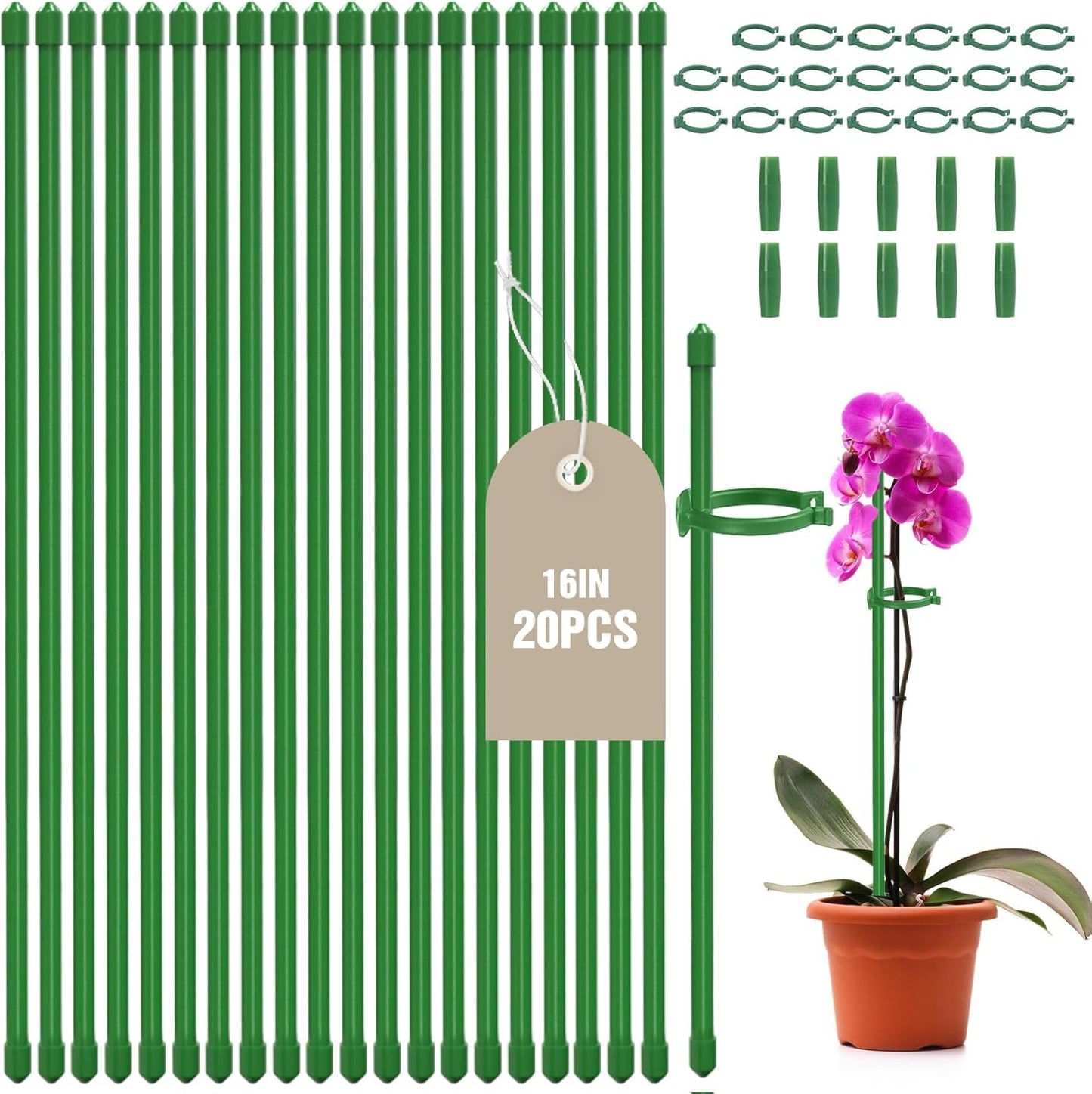 20 Pack Plant Stakes for Indoor Plants, 16 Inch Garden Stakes, Adjustable Plant Support Sticks for Tall Plants as Tomatoes Beans Orchid Vegetable