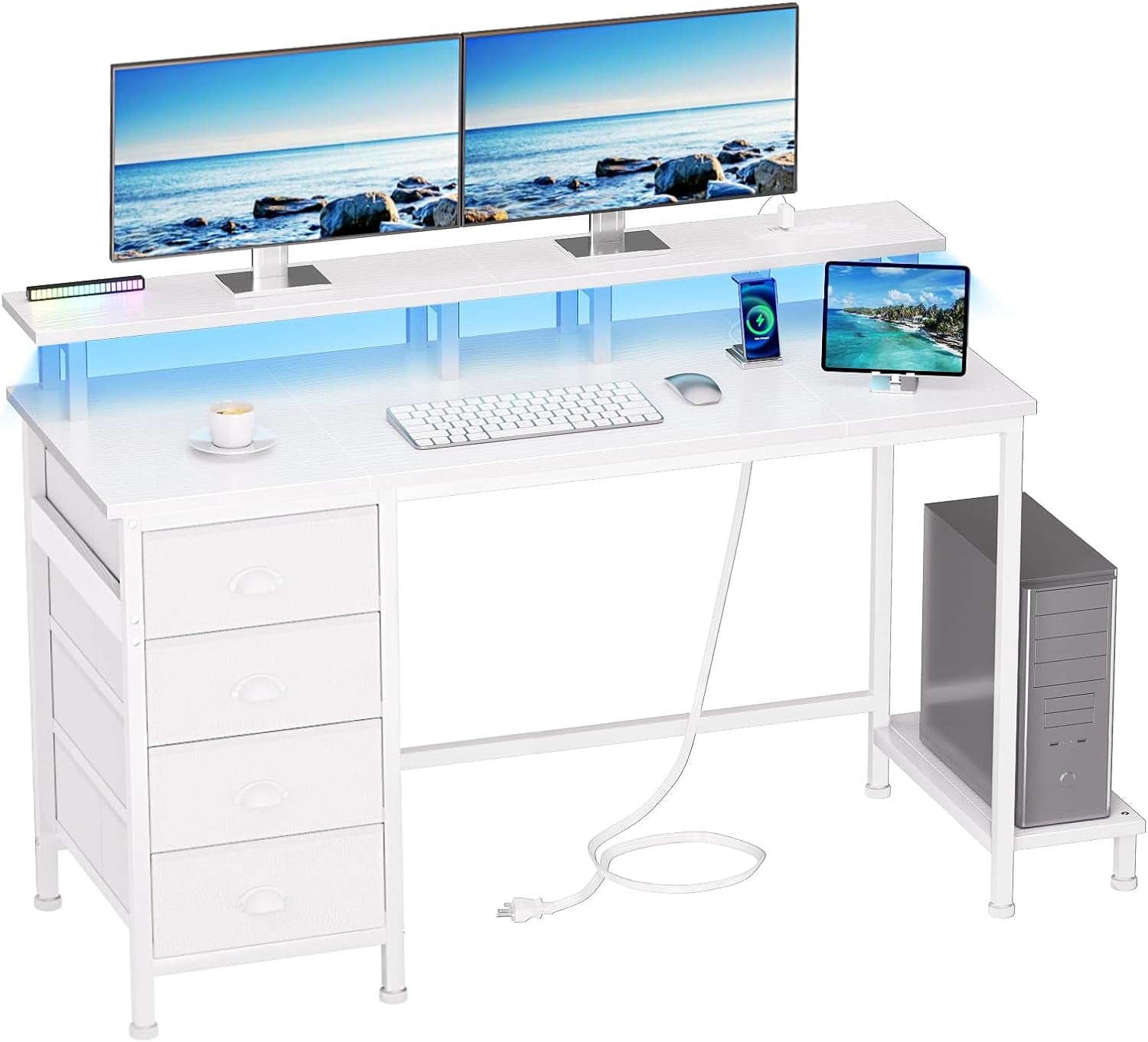 47" White Computer Desk with 4 Fabric Drawers & Monitor Stand, Gaming Desk with Power Outlets - LED Lights, Home Office Space-Saving Study Table for Bedroom Small Spaces