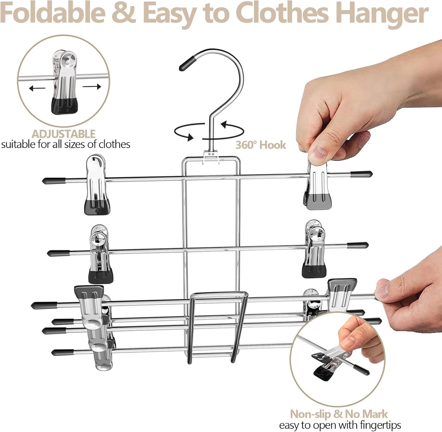 4 Pack Pants & Skirt Hangers Space Saving Hanging Closet Organizer and Storage, Upgrade Skirt Hangers with Clips and 360° Swivel Hook, Closet Storage