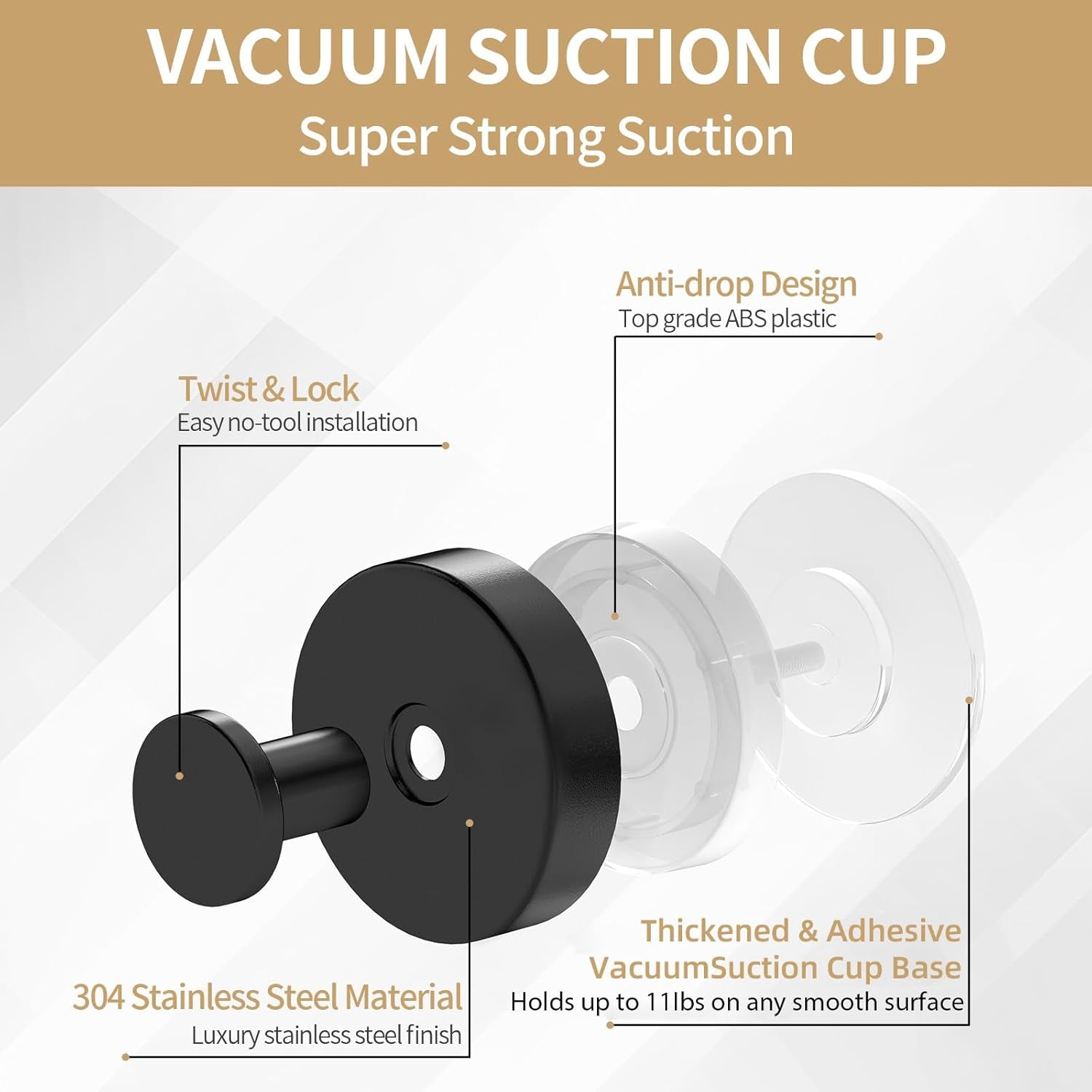 Suction Cup Hooks for Shower, Heavy Duty Towel Hooks for Bathroom Walls No Damage, Modern Shower Suction Hooks for Kitchen Wall, Glass, Mirror, Tile, Hanging Towels Robes, Black (2 Pack)