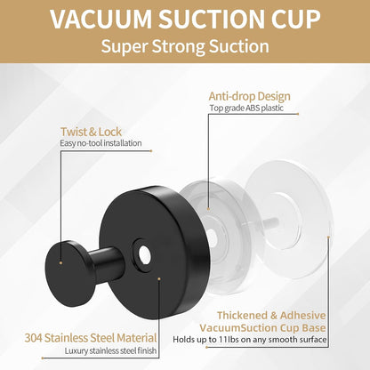 Suction Cup Hooks for Shower, Heavy Duty Towel Hooks for Bathroom Walls No Damage, Modern Shower Suction Hooks for Kitchen Wall, Glass, Mirror, Tile, Hanging Towels Robes, Black (2 Pack)